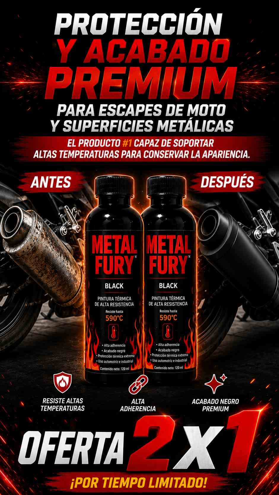 Oferta 2x1 Metal Fury® Black | Acabado Premium para Escapes de Moto | Garantía 60 Días