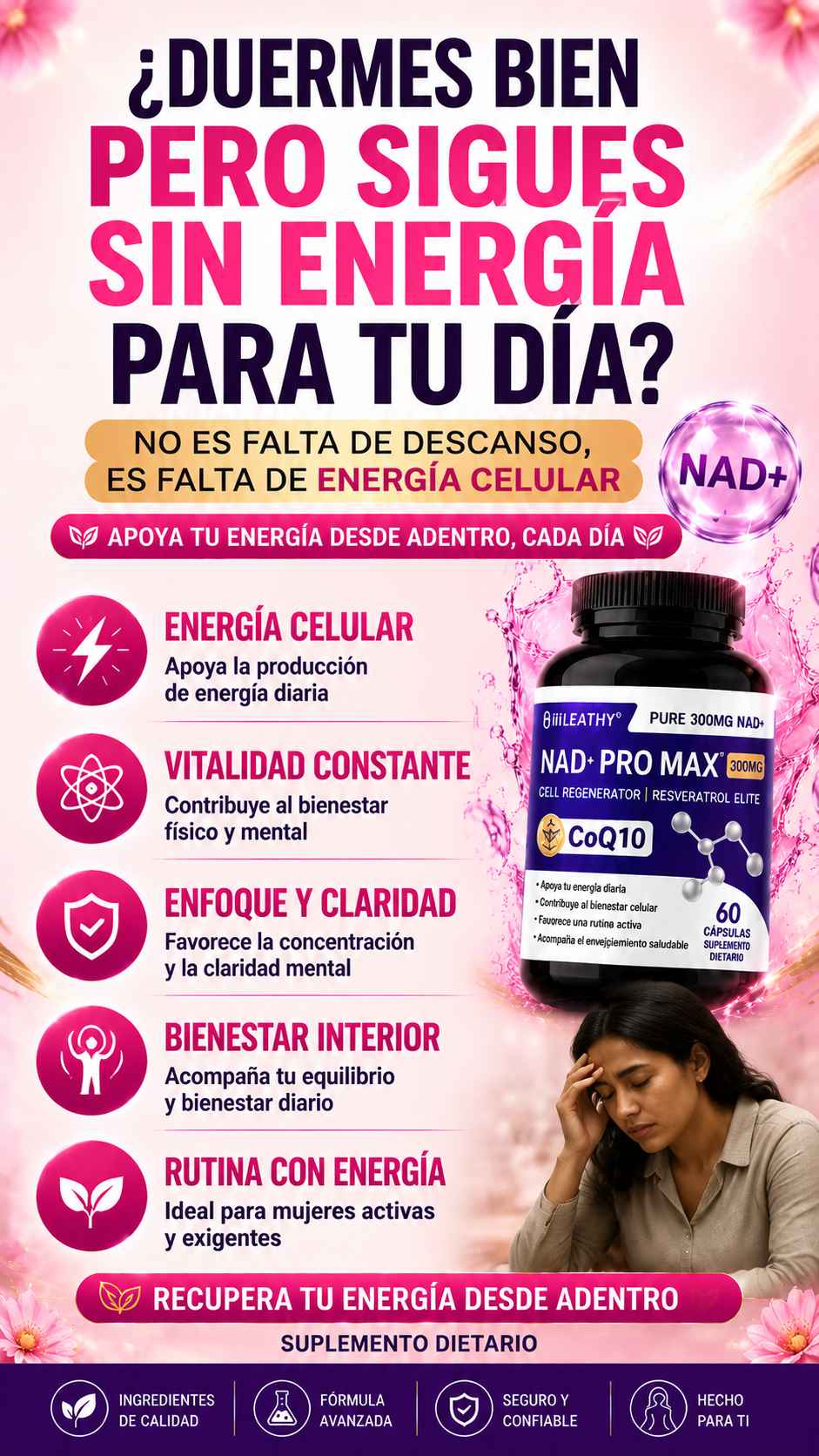 NAD+ Pro Max | Energía celular y vitalidad femenina | Garantía de 60 días